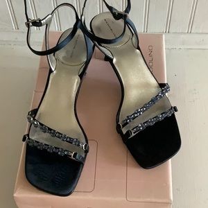 EUC Navy Satin Heels with Rhinestones